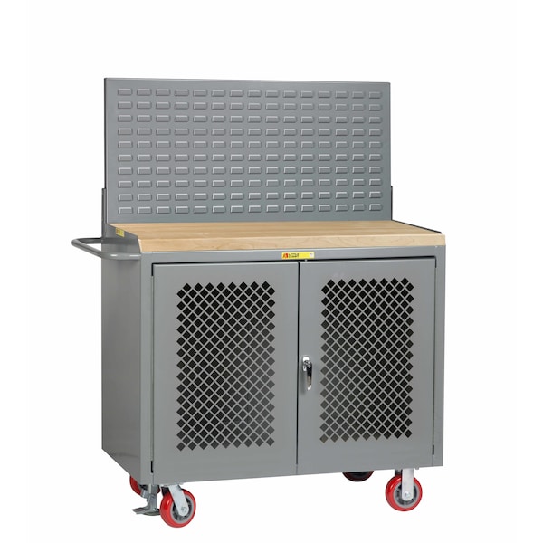 Mobile Bench Cabinets, Perf Doors, 36"W, Louvered Panel, Butcher Block